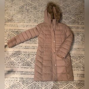 Hollister Women's Brown Puffer Coat with Faux Fur Hood